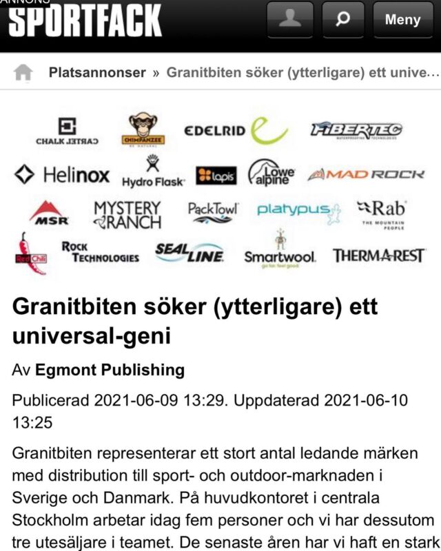 Hallå!!! 📣 Vi söker just nu ytterligare ett universalgeni till huvudkontoret. Läs mer på www.sportfack.se 👍 #granitbiten